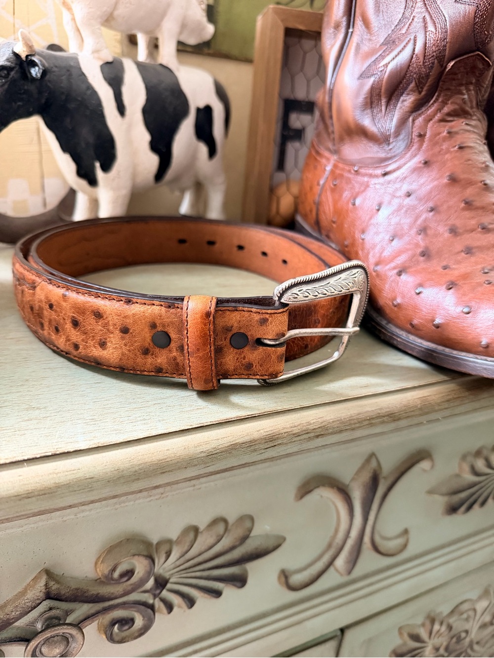 Men's Ostrich-Texture Leather Belt with Silver-Tone Buckle - Brown